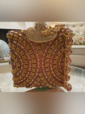 Beaded Pink and Gold Embellished Evening Clutch